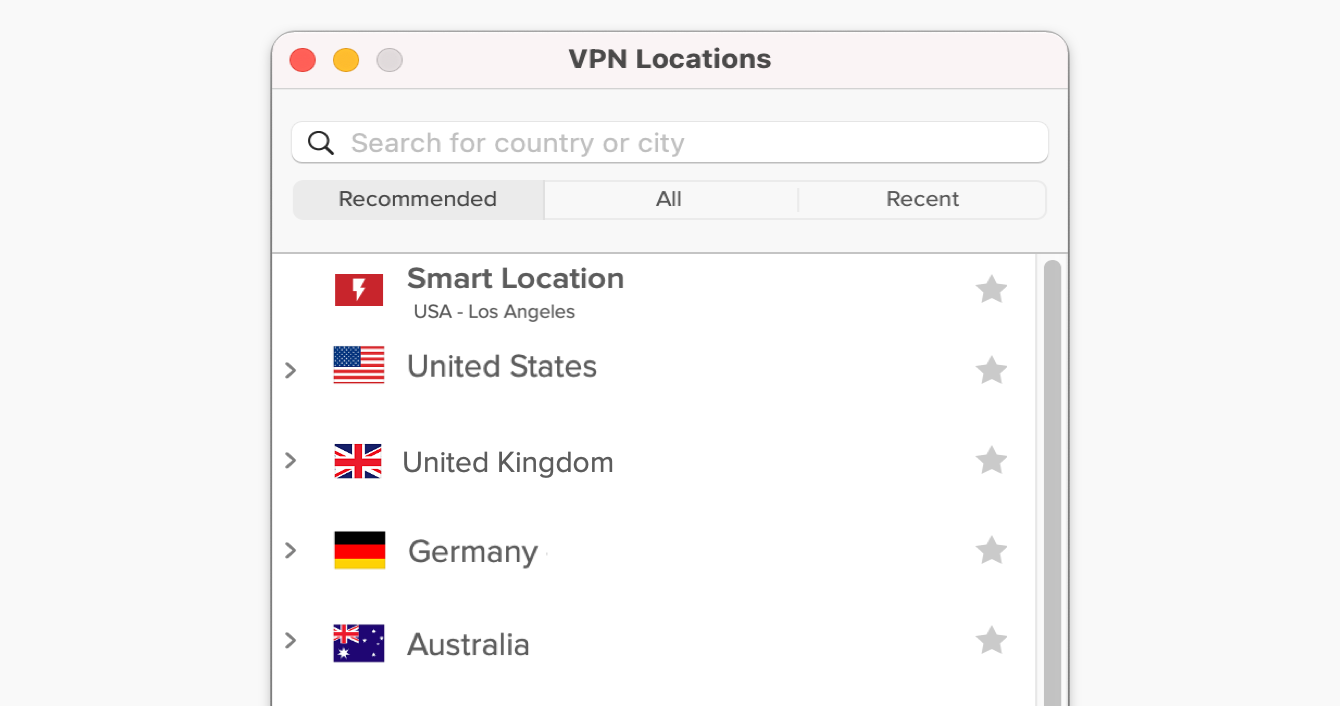 Der Tab "Empfohlen" in der ExpressVPN-App.