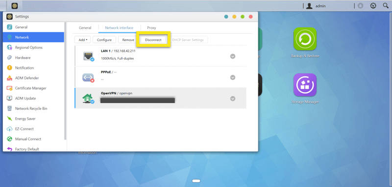 отключить соединение asustor openvpn